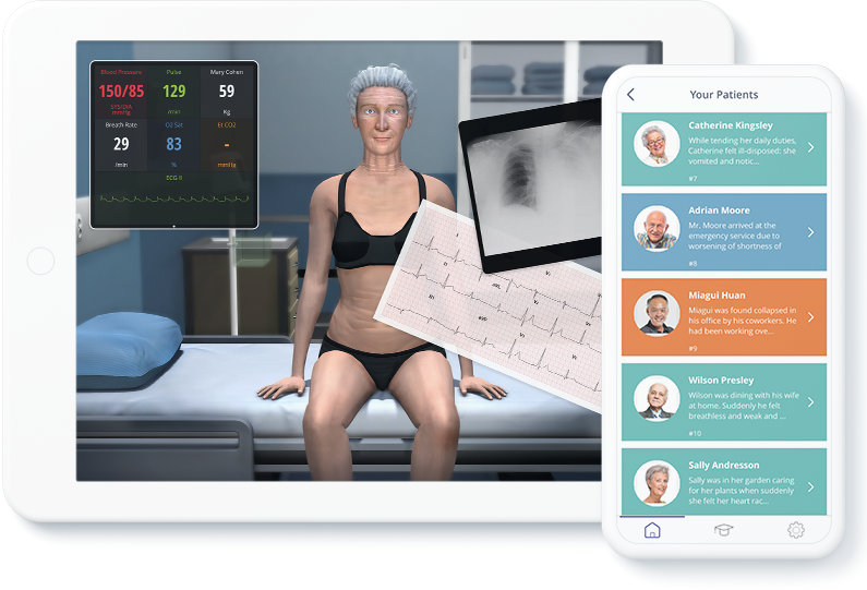 Paciente virtual sentado na maca, com imagens de caridograma, raio-x e vários dados