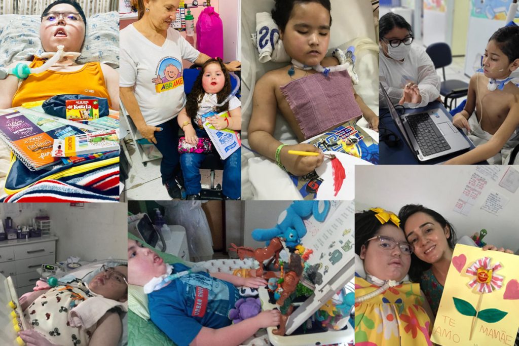 Coletânea de fotos de crianças com AME, que apesar de estarem em camas, estão de alguma forma estudando.