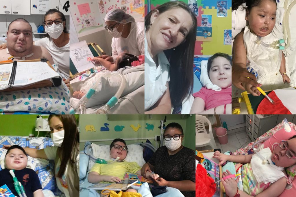 Coletânea de fotos de crianças com AME, que apesar de estarem em camas, estão de alguma forma estudando.