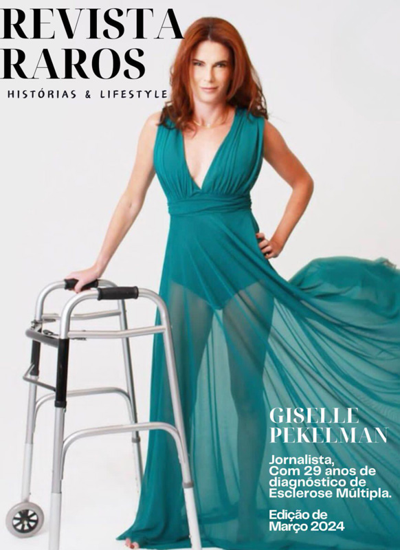 Foto da capa da revista RAROS com Giselle usando um vestido longo verde apoiada em um andador